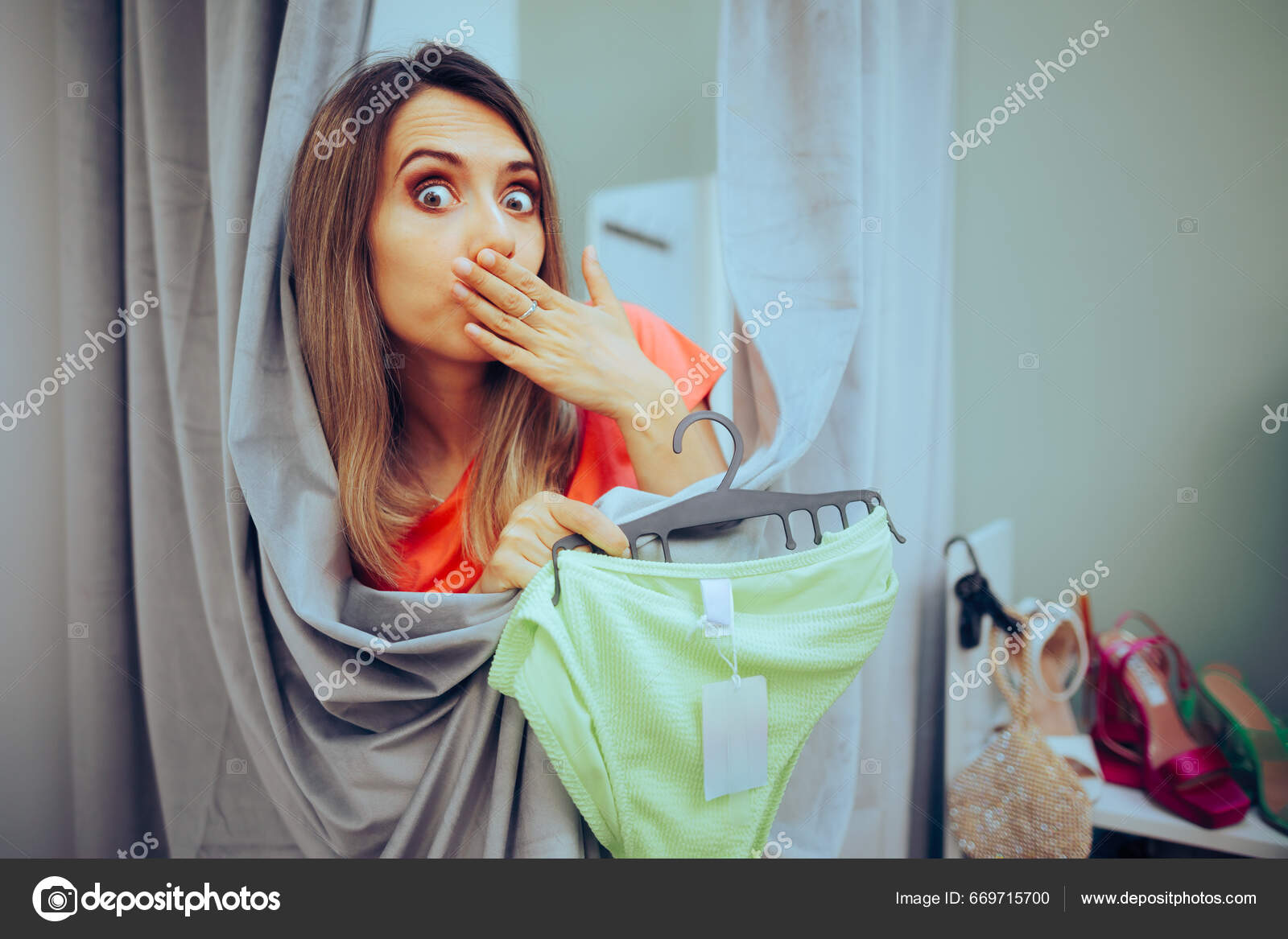 Funny Woman Trying Panties Changing Room Stock Photo by