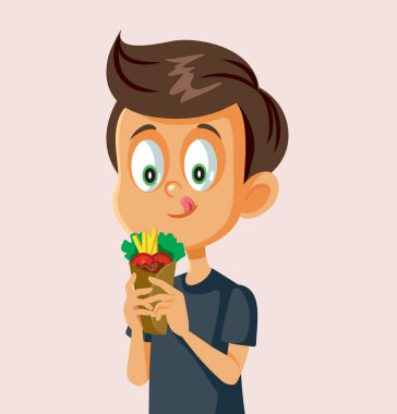 Küçük Çocuk Türk Kebabı Vektör Komik Çizgi Film Çizimi Yiyor