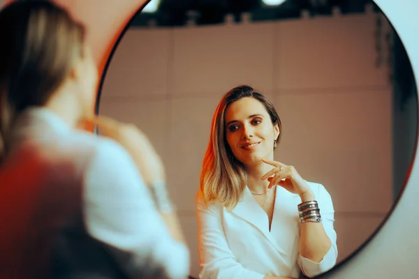Happy Confident Woman Looking Mirror — Stok Foto