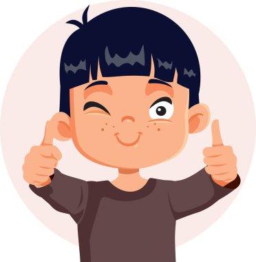 Mutlu neşeli çocuk Asyalı etnik kökenli Tamam işareti vektör çizgi filmi gösteriyor