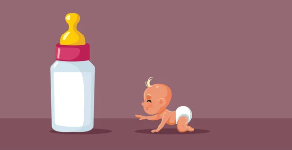 Affamato Piccolo Bambino Raggiungendo Enorme Bottiglia Bambino Concetto Illustrazione — Vettoriale Stock