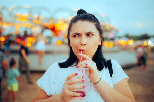 Funny Girl Taking Sip Her Sweet Cheery Juice — Stock Photo, Image