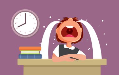 Üzgün Öğrenci Çocuk Masa Vektörü Çizgi Filminde Ağlıyor