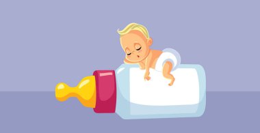 Mutlu Bebek Büyük Süt Şişesinde Uyuyor Vektör Çizgi Film Çizimi