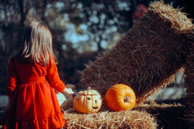 Cadılar Bayramı 'nı Denetleyen Küçük Kız Jack Fener Dekorasyonu Balkabakları 