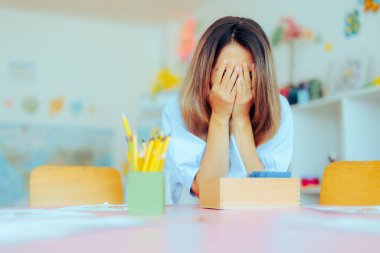 Unhappy Preschool Teacher Feeling Tired and Overwhelmed  clipart