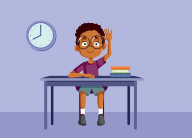 Öğrenci Çocuk, Sınıf Vektörü Çizgi Filmi İllüstrasyonunda Elini Kaldırıyor