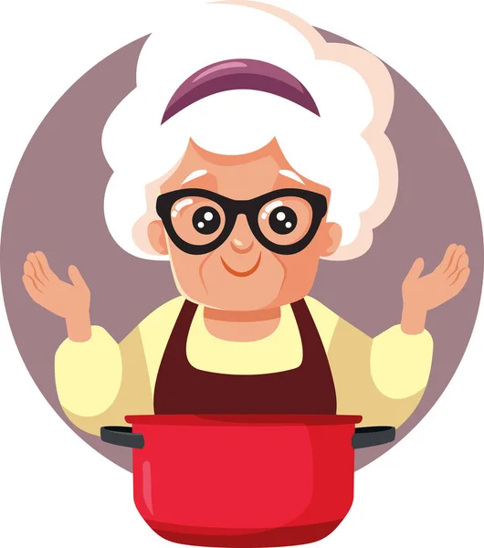 Funny Senior Cocinera Haciendo Sopa Vectorial Diseño Caracteres — Vector de stock
