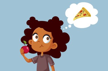 Sağlıklı Elma Yiyen Küçük Kız Pizza Vektörü İllüstrasyonunu Düşünüyor