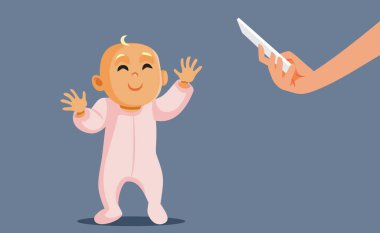 Anne bebeğini filme alıyor İlk Adım Vektör Çizgi Film Çizimlerini alıyor