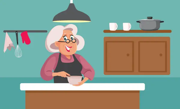 Seniorin Kocht Einer Küche Und Bereitet Mahlzeiten Vektor Character Illustration — Stockvektor