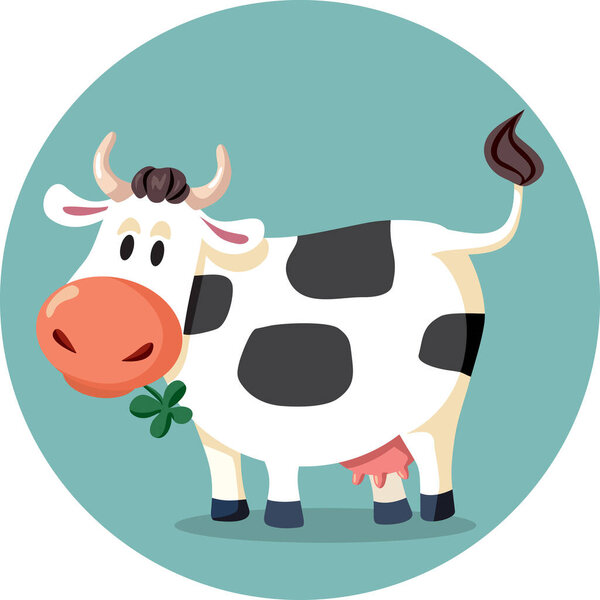 Funny Cow Chewing a Lucky Clover Vector Cartoon Character