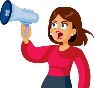 Megafon Sözcüsü Tutan Kadın Konuşan Oyuncaklar Vektör Çizgi Filmi Karakteri