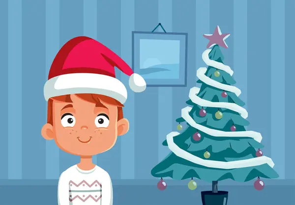 Boy Wearing Santa Hat Celebrating Christmas Home Vector Cartoon — Stock Vector