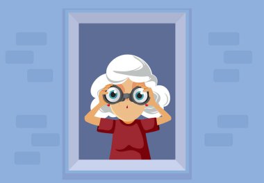 Curious Elderly Neighbor Spying from her Window Vector Illustration clipart