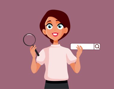 Bir Büyüteç ve Arama Çubuğu Karakteri Tutan Mutlu Kadın