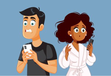 Birbirlerini görmezden gelen bencil çift telefon vektörü çizgi filmiyle meşgul.