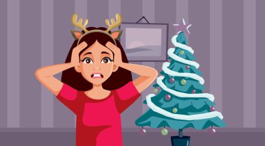 Paniğe kapılan kadın Noel Vektörü illüstrasyonundan önce panik atak geçiriyor. Mutsuz kız kendini çaresiz hissediyor evde Noel partisi düzenlemeye çalışıyor. 