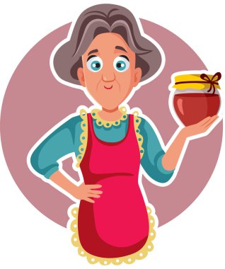 Yaşlı büyükanne reçel kavanozu tutuyor. Vektör çizgi film maskotu.