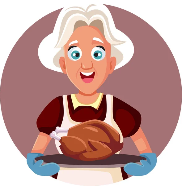 Elderly Grandma Holding Roaster Turkey Meal Vector Cartoon — Stock Vector