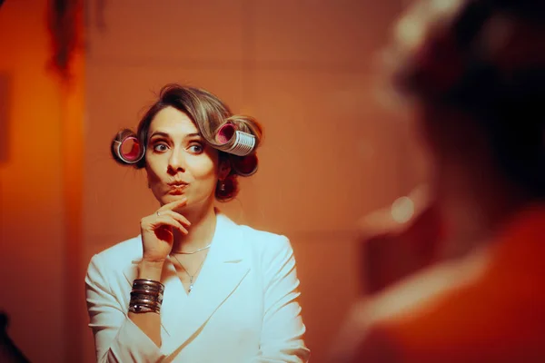 Puzzled Woman with Hair Rollers Getting ready for a Date