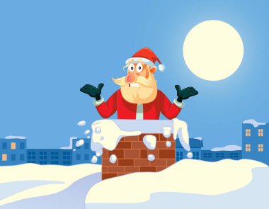 Noel Baba Noel ağacında sıkışmış Komik Vektör Çizgi Kartı