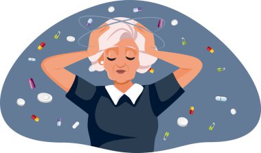 Baş döndürücü Yaşlı Kadın Vertigo Vektör İllüstrasyonu Yaşıyor