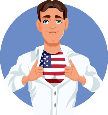 İnsan Tişörtünün Altında Bir Bayrak Gösteriyor Amerikan Süper Kahraman Vektör Karakteri