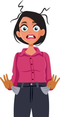 Meteliksiz Kadın Boş Cepler Vektör Çizgi Filmini Kontrol Ediyor