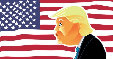9 Aralık 2023, New York, Donald Trump Vektör Karikatürü. Amerika bayrağı geçmişindeki bir siyasi şahsın profili 