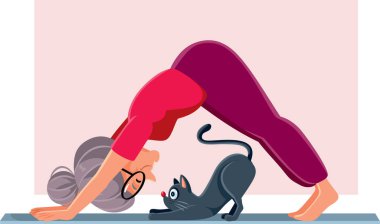 Vector Senior Lady kedisiyle Yoga Matat üzerinde egzersiz yapıyor.