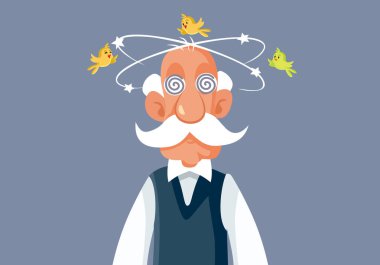 Elderly Man Feeling Dizzy with Birds Around his Head Vector Cartoon clipart