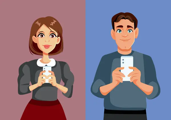 Couple Tenant Smartphone Chatter Illustration Vectorielle Bande Dessinée Ligne — Image vectorielle