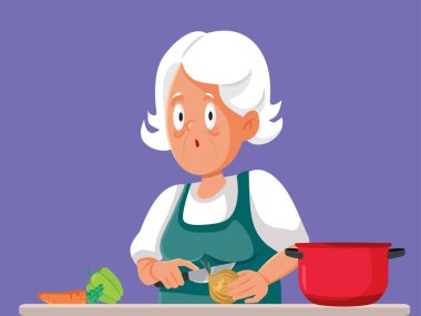 Çorba Vektörü Karakteri İçin Soğan Kesen Kıdemli Kadın Şaşırdı