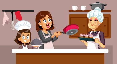 Mutlu anne, kız ve büyükanne vektör illüstrasyonunu birlikte pişiriyorlar.