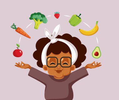 Vector Senior Lady Dengeli Yaşam Tarzı İçin Sağlıklı Yiyecekler Yiyen