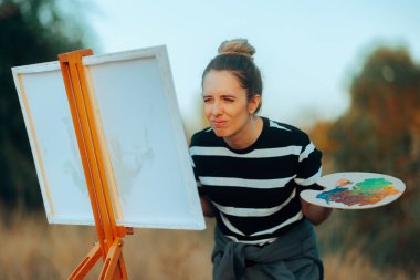 Woman Squinting Not Seeing to paint without her Eyeglasses  clipart