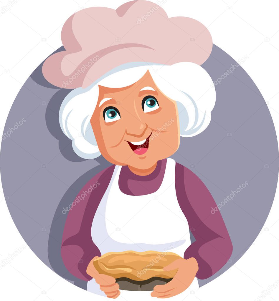 Happy Smiling Granny Holding a Pie Vector Cartoon Character