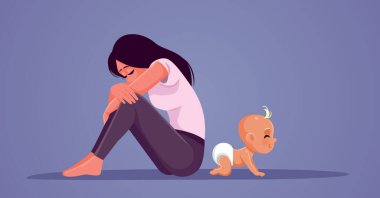 Üzücü Anne Doğum Sonrası Depresyondan Acı Çekiyor Bebek Vektörü İllüzyonunu Yoksayıyor