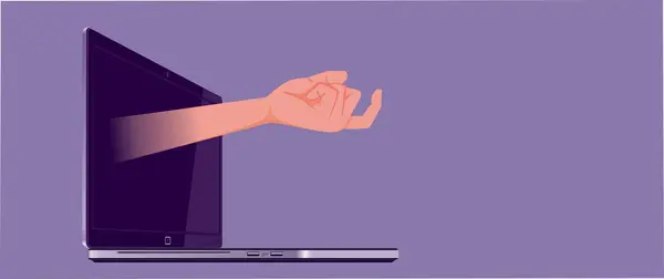 stock vector Hand Making a Calling gesture through Laptop Screen Vector Illustration