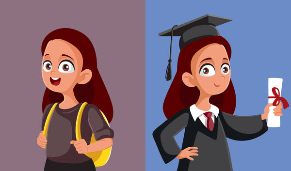 Female Student Before and After Graduation Vector Illustration