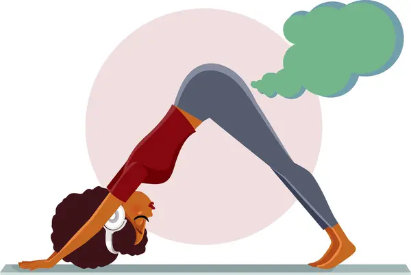Woman Yoga Pose Farting Vector Funny Cartoon Illustration — Stock Vector