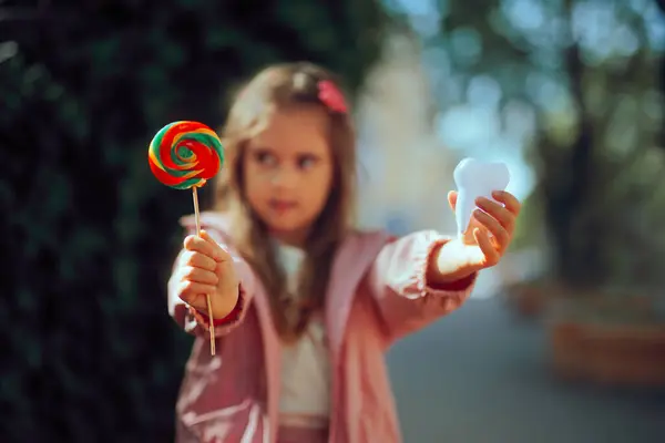 Anak Memegang Lollipop Dan Gigi Untuk Kesehatan Gigi Pendidikan — Stok Foto