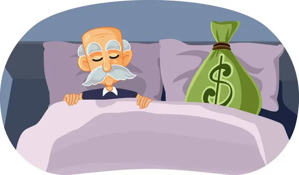 Açgözlü Yaşlı Adam Para Çantası Vektör Llüzyonuyla Uyuyor — Stok Vektör