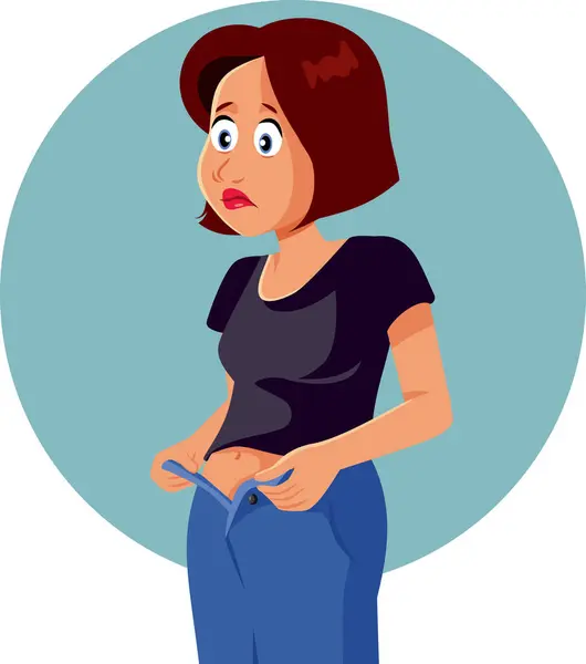 Woman Having Problems Zip Her Pants Vector Cartoon — Vettoriale Stock