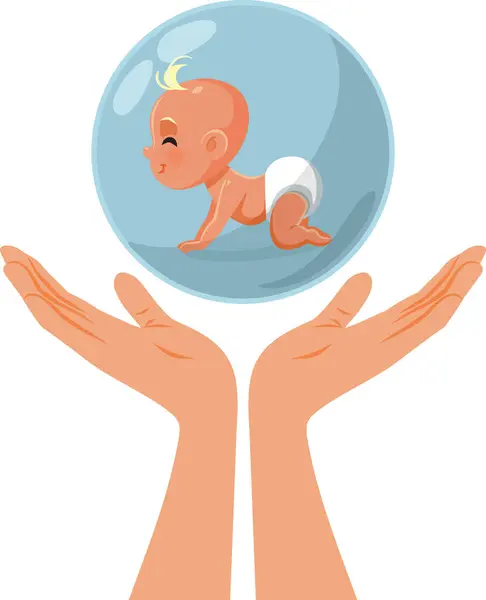 小さな赤ん坊のベクター漫画のイラストを保護する親の手 — ストックベクタ