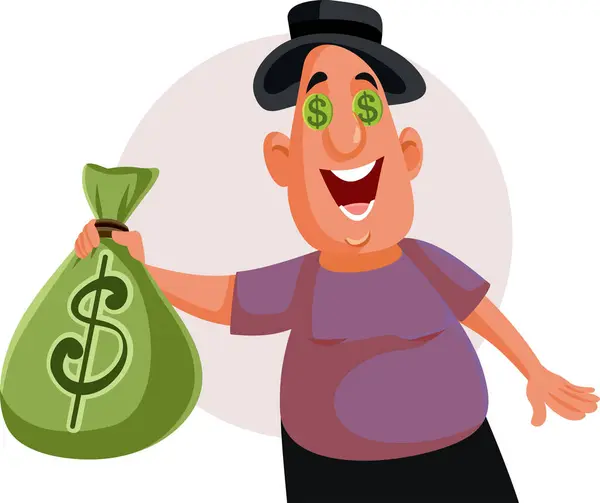 Greedy Man Holding Bag Full Money Vector Cartoon - Stok Vektor