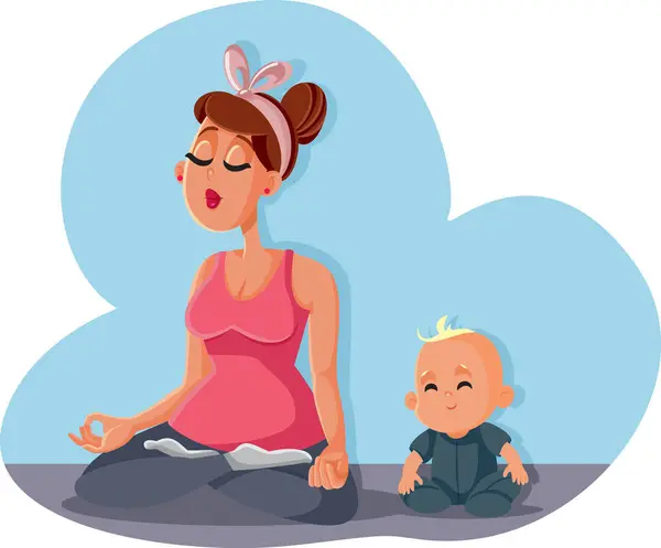 Happy Mom Duduk Samping Tenang Bayi Vektor Nya Kartun Ilustrasi - Stok Vektor