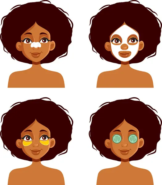 Rotina Beleza Uma Menina Etnia Africana Vetor Ilustração Personagem — Vetor de Stock