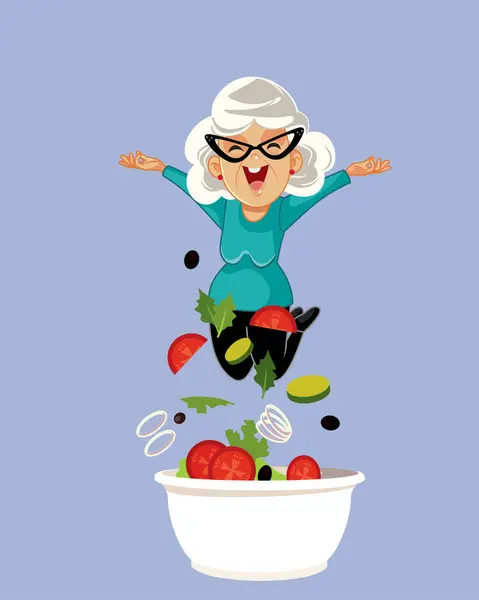 Mulher Sênior Alegre Comendo Saudável Salada Vetor Cartoon Ilustração — Vetor de Stock